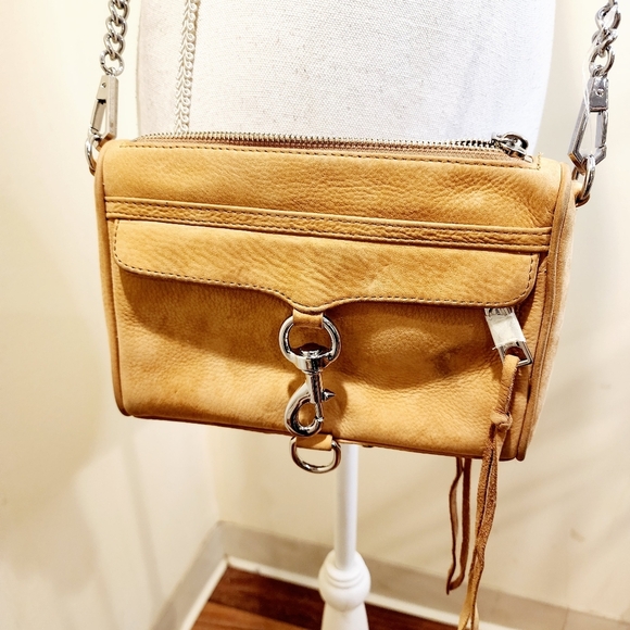 REBBECA MINKOFF Tan Crossbody Leather Bag with Chain Strap and Structured Design - Picture 11 of 16